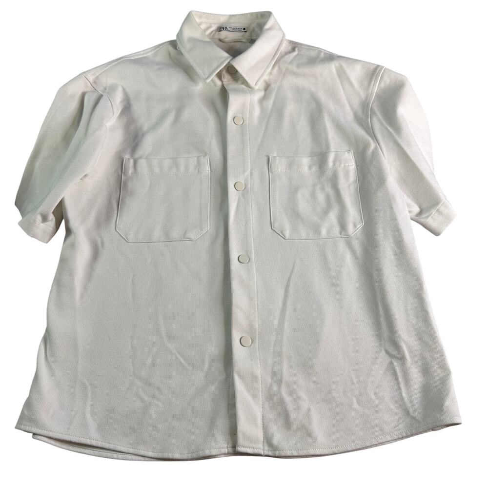 Zara Textured Snap Front Overshirt Shacket White XL Minimalist Short Sleeve